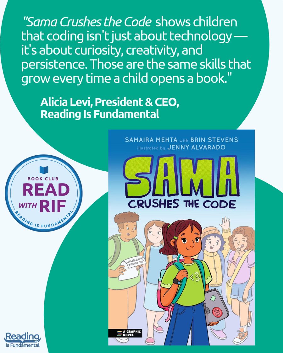 Read with RIF book club post featuring Sama Crushes the Code