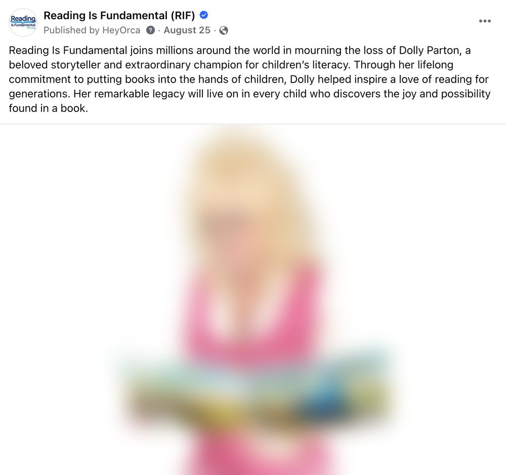 Reading Is Fundamental Facebook tribute post to Dolly Parton, photo blurred